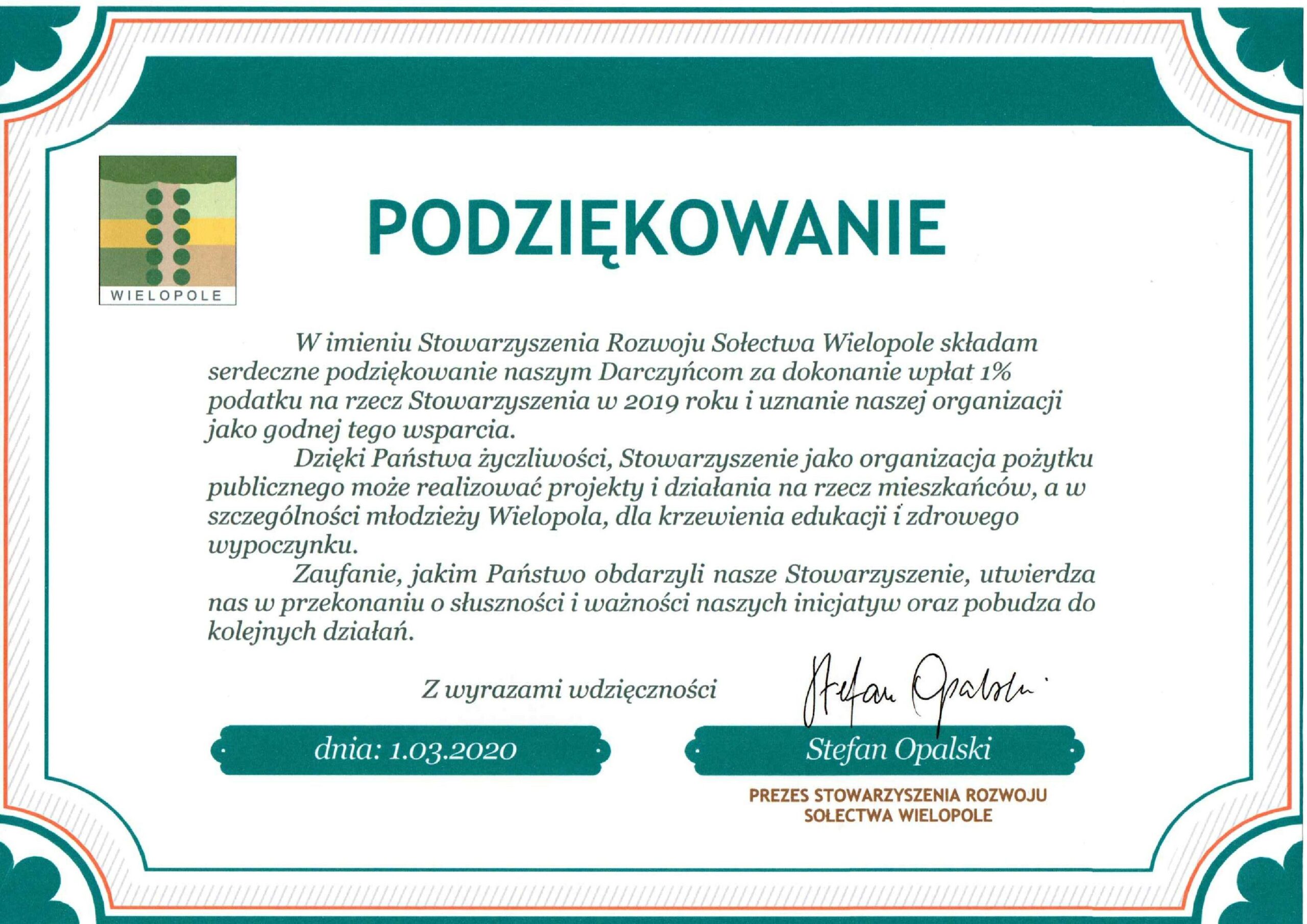 Podziękowanie dla darczyńców